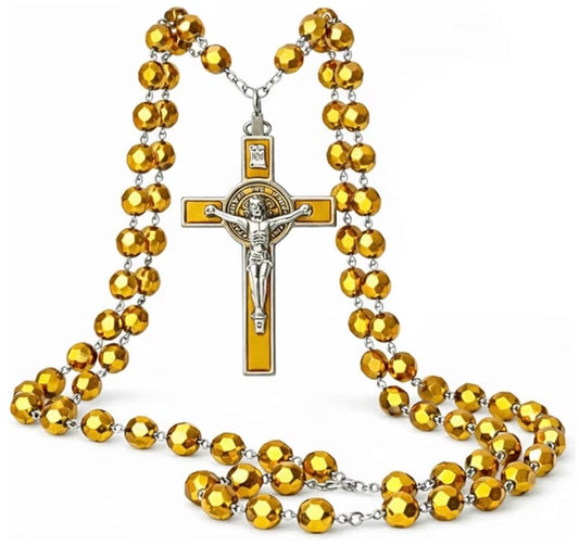 Catholic Rosary Necklace | Large Bead Italian Rosary, Christian Prayer Beads (Gold Crystal) OVERSIZED
