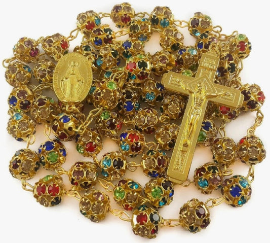 Rosary Necklace with Colorful Crystallized Beads Miraculous Medal Cross Crucifix